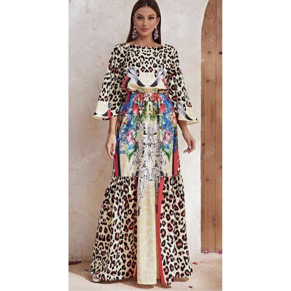 NEW Giffniseti 2XL Boho Leopard Floral Patchwork Maxi Dress Bell Sleeve *Flaw*